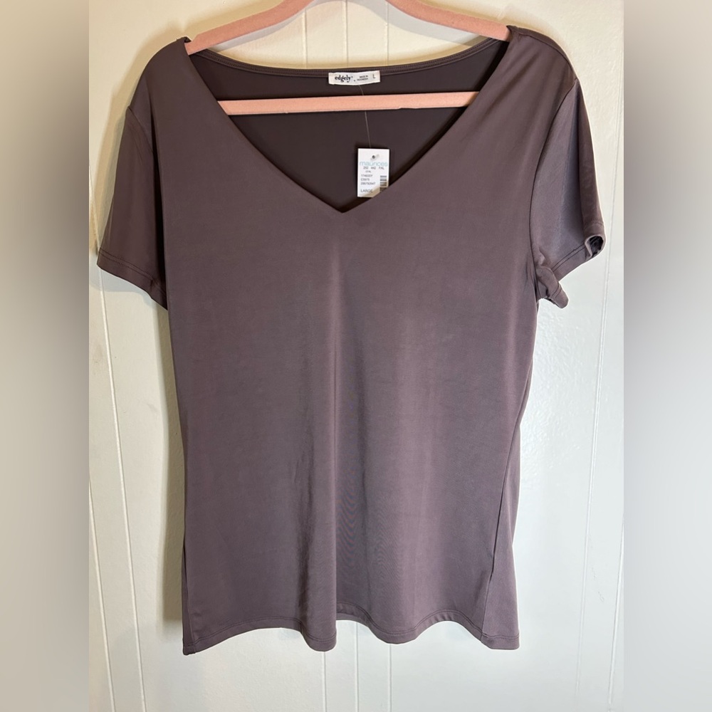 Edgely Shirt Women LARGE Brown V-Neck Short Sleeve Polyester Blend Tee